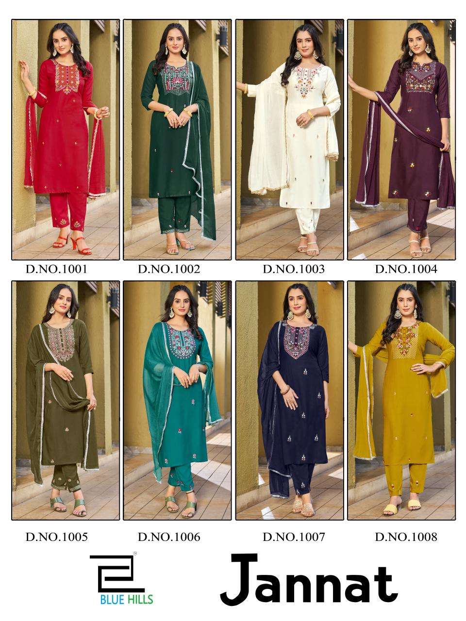 JANNAT RAYON 14 KG ZARI WITH MULTI COLOR THREAD WORK KURTI WITH PANT AND NAZMIN DUPATTA BY BLUE HILLS BRAND INDEX